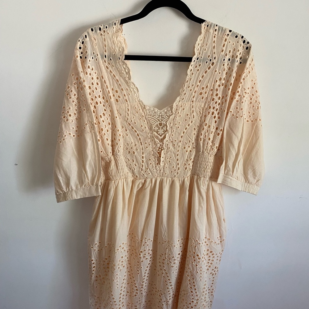 Listicle Cream Eyelet  Sleeve Dress Boho Cottagecore